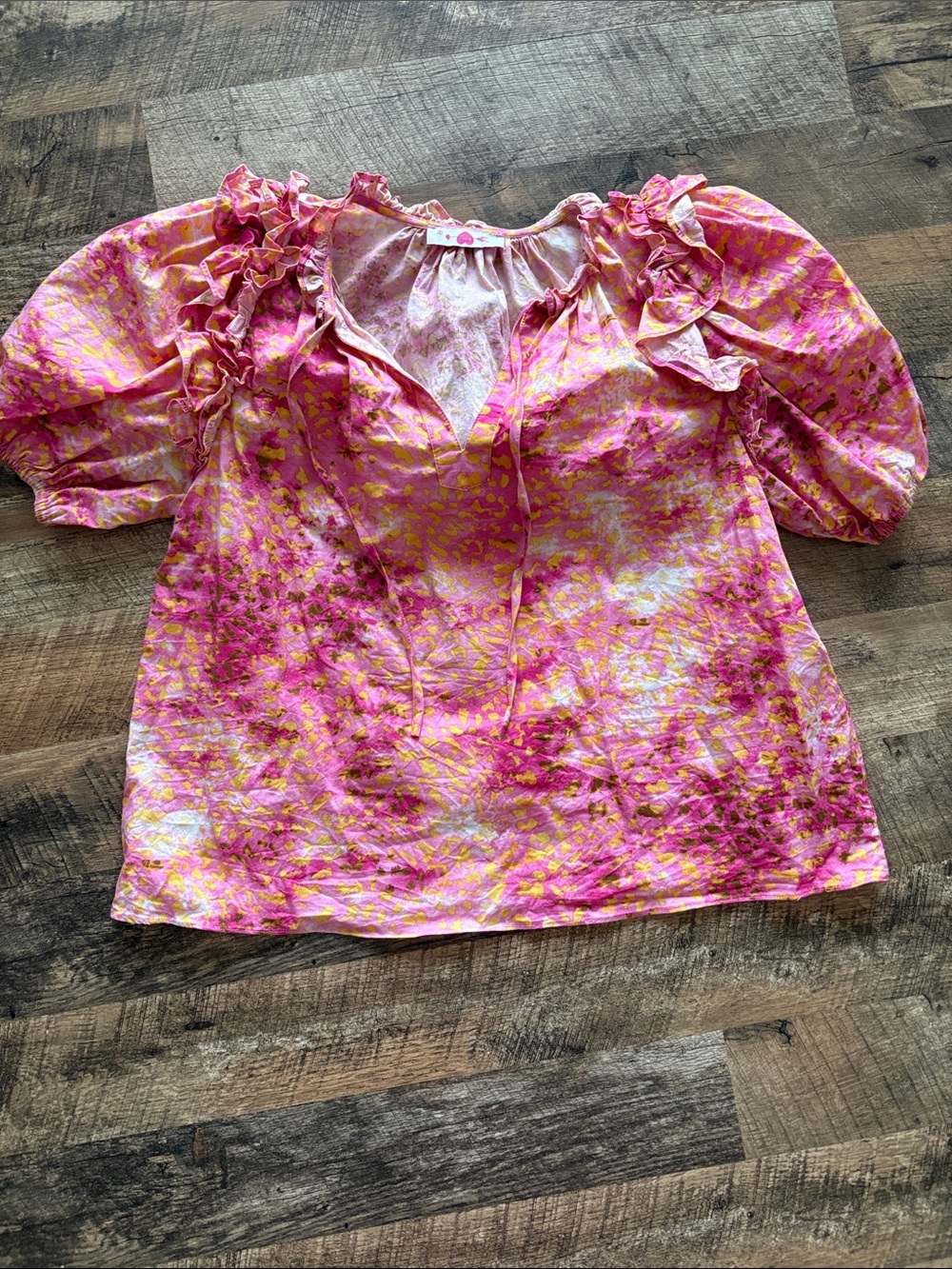 Buddy Love Pink and Yellow Ruffle Puff Sleeve Top